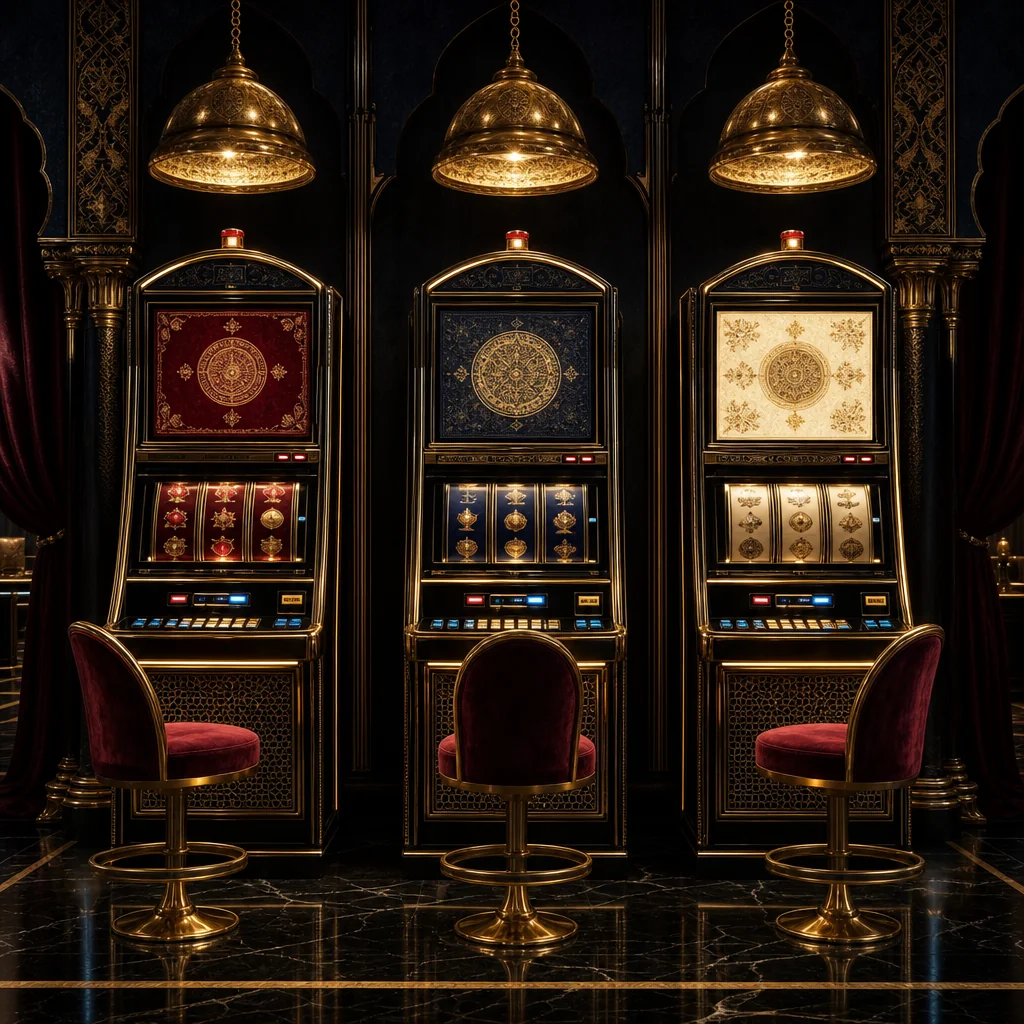 Premium slot machines glowing in a royal tent setting